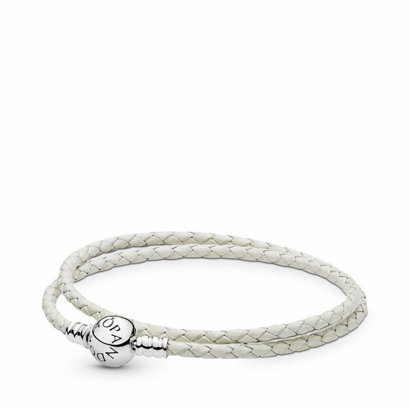 Pandora White Braided Double-leather Charm Bracelet Ireland - Sterling Silver/Leather/White - 576814